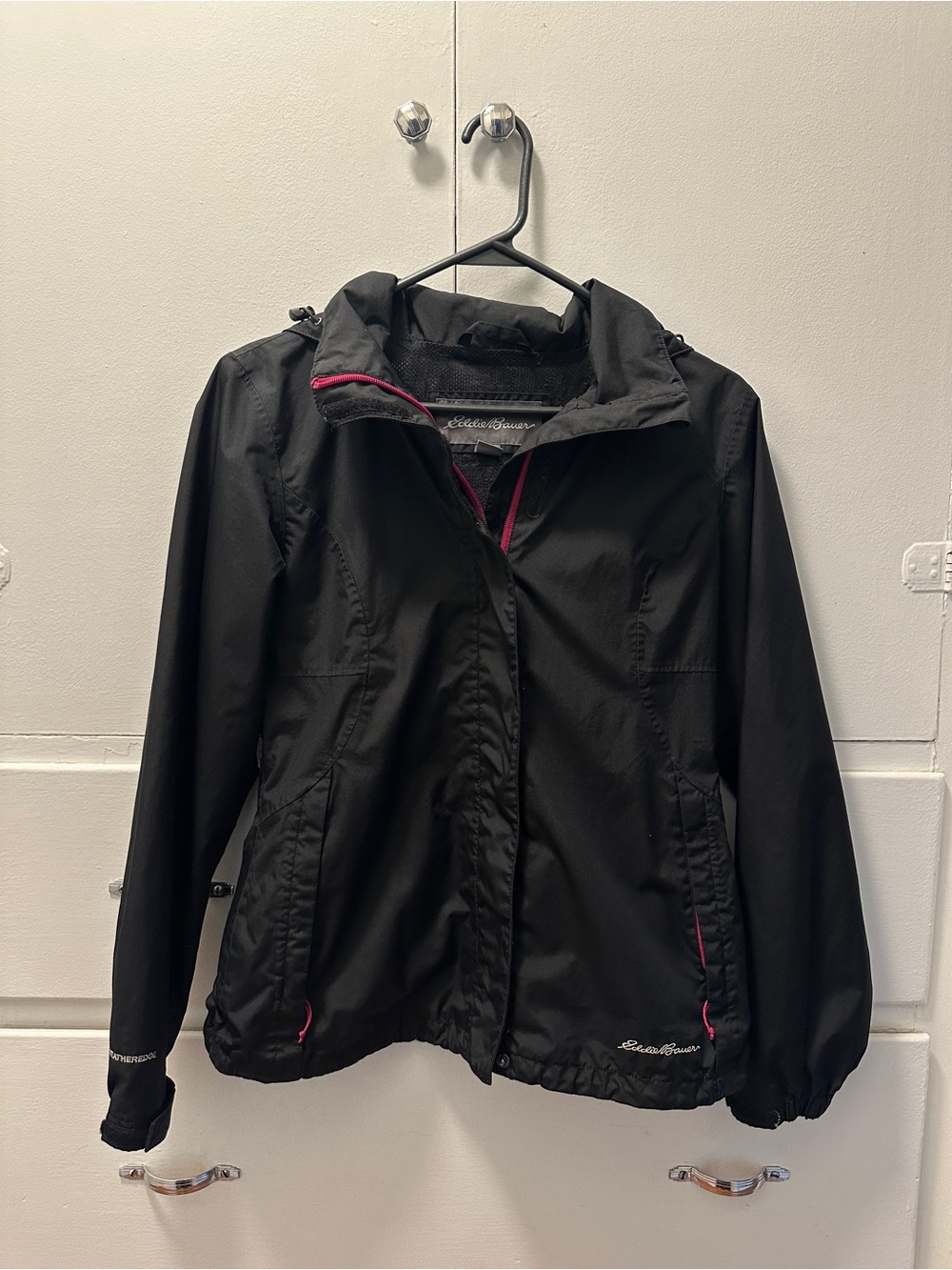 Eddie Bauer black & pink hooded windbreaker / rain jacket - size XS